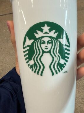 Starbucks Green Siren Logo on White Travel Cup